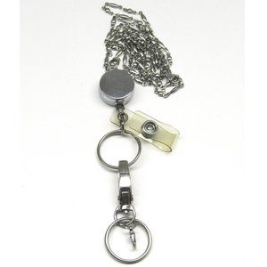 Retractable ID Badge Holder Silver 33" Necklace With Key Rings